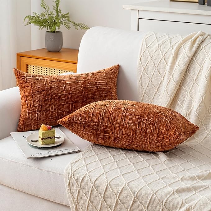 Decorative Throw Pillow Covers 12x20 Inch Set of 2, Soft Solid Farmhouse Chenille Couch Pillows, Spring Pillow Covers for Couch Sofa Bed Living Room Home Decor Pillowcase, Rust