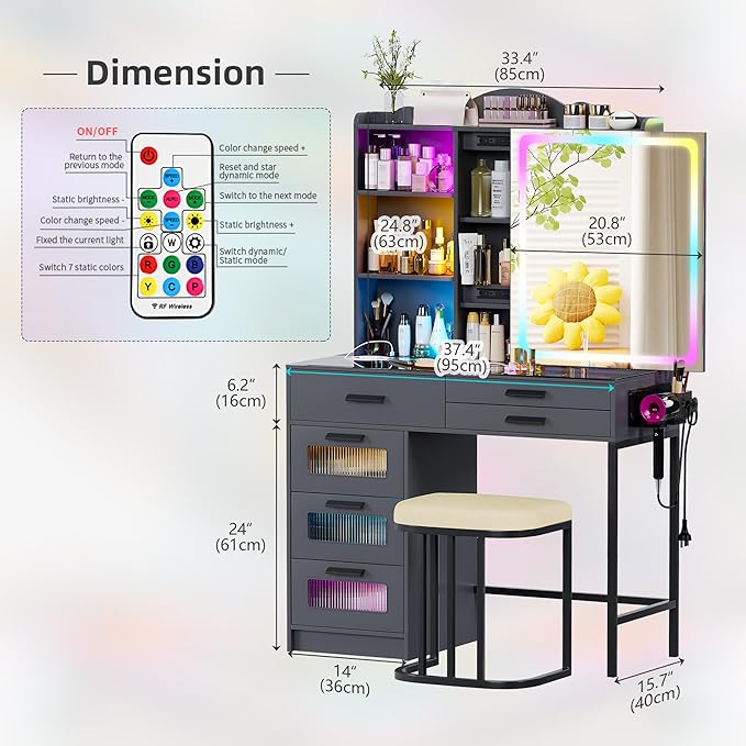 RGB Vanity Desk with Sliding Mirror and Lights,Makeup Vanity with Charging Station,LED Vanity Table with Glass Top,Girls Vanities Dressing Table Set with Stool&6 Drawers for Bedroom(Grey)