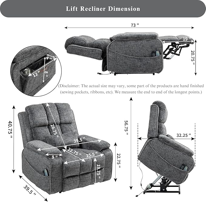 Power Lift Recliner Chairs for Elderly - Infinite Position Lay Flat Recliner with Heat & Massage Side Storage Cup Holder - USB Type C Charging - Dual Motor Lift Chair 400 lbs