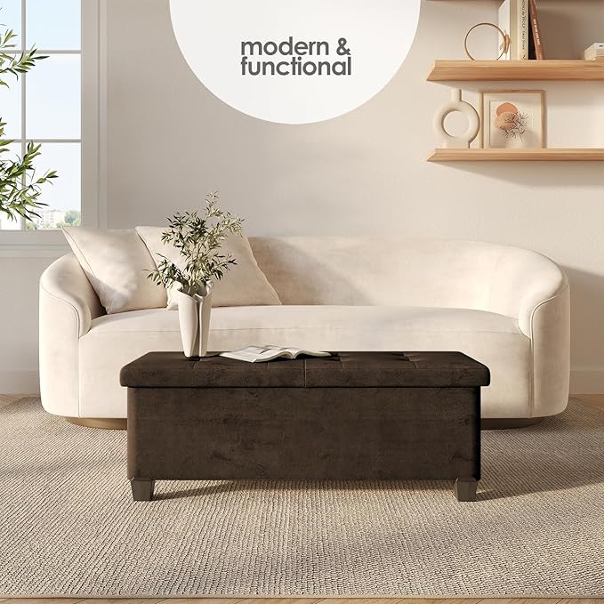 STORAGEBUD Storage Ottoman Bench with Bins, 43-in Storage Bench for Bedroom End of Bed, Folding Foot Rest Ottoman for Living Room Max 660lbs, Velvet Ottomans, Brown