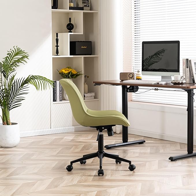 YOUNIKE Home Office Desk Chair with Wheels Comfy Small Modern Vanity Chair with Back Ergonomic Swivel Adjustable Armless Cute Leather Upholstered Rolling Task Chair no Arms Avocado Green
