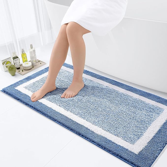OLANLY Bathroom Rugs 44x24, Extra Soft and Absorbent Microfiber Bath Mat, Non-Slip, Machine Washable, Quick Dry Shaggy Bath Carpet, Suitable for Bathroom Floor, Tub, Shower (Runner, Blue)