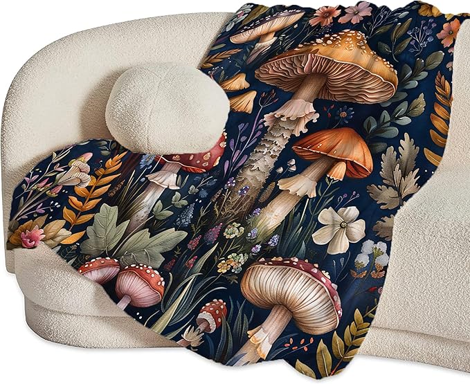 Mushroom Throw Blanket for Girls, Women, Men, Boys - Soft Warm Cozy Fleece Blanket for Couch, Sofa, Bed - Mushroom Gifts and Decor - 80"x60"