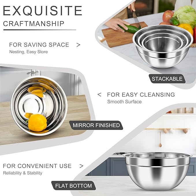 HaWare Mixing Bowls with Airtight Clear Lids, 6-Piece Stainless Steel Strong Nesting Bowls Set, Metal Salad Bowl for Cooking, Prepping, Baking, Serving & Food Storage, Size 4.6, 3, 1.5QT, Black