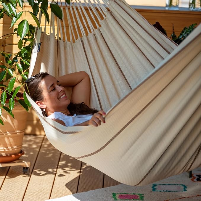 LA SIESTA Modesta Organic Cotton Hammock - Indoor Outdoor, Bedroom Backyard Porch Patio Tree - Extra Large Fabric Bed, 2 Person - Max 440 Lbs, King, Nougat