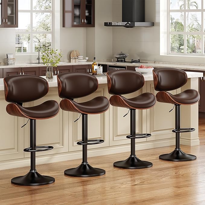 Bar Stools Set of 3, Bentwood Adjustable Height Swivel Bar Stools, PU Leather Upholstered Bar Chair with Back and Footrest for Bar, Kitchen, Dining Room, Brown