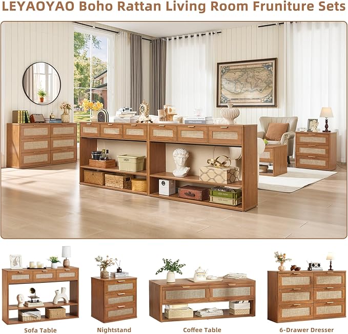 LEYAOYAO 48" Boho Rattan Console Table with 3 Drawers Set of 2,Wooden Entryway Table with Open Storage Shelf, 3 Tier Narrow Long Behind Couch Sofa Tables for Living Room, Hallway, Foyer, Brown