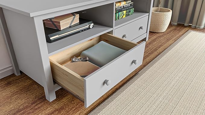 Handcrafted Solid Oak TV Stand Entertainment Center - Elegant Gray Media Console with Spacious Storage Drawers & Open Shelves - Sturdy Wood Cabinet Fits TVs up to 55 Inches