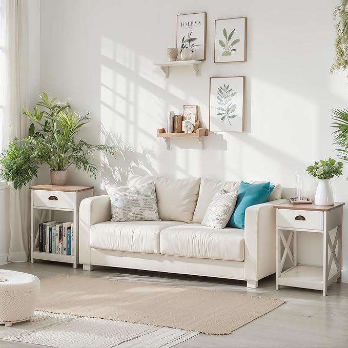 ALPHA HOME Side Table with Drawer, Farmhouse End Table Set of 2, Bedside Table Storage Shelf for Small Spaces, Nightstands Set for Living Room, Bed Room(Ivory)