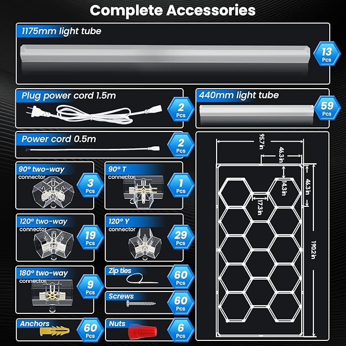 Ultra Bright Hexagon Garage Lights.750W 108000LM 6500K Hexagon LED Light with Rectangle Frame.14-Grid Honeycomb Lights with 1.33" Wide-Angle Lighting Surfacefor Garage, Basement, Warehouse