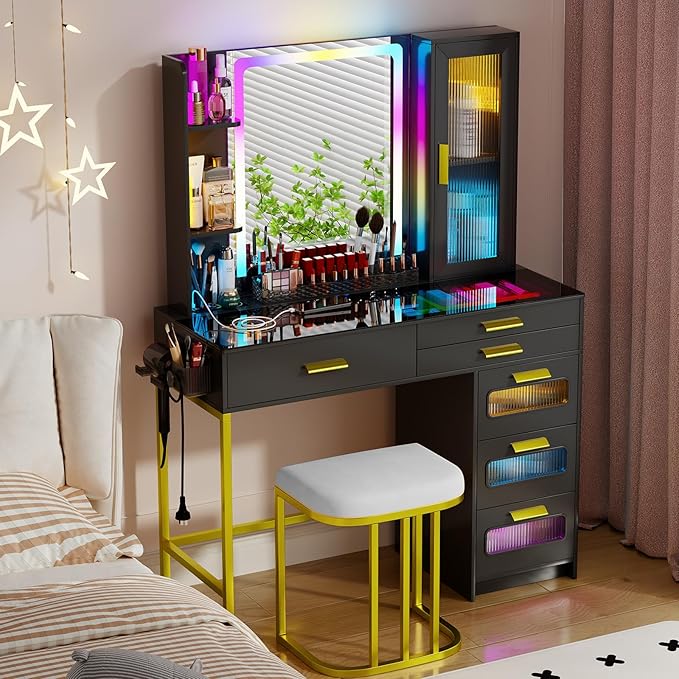 Makeup Vanity Desk with Mirror and RGB Lights,Glass Top Vanity Table with Wireless Charging & Stool,Vanity Set with 6 Drawers & Storage Cabinet & Makeup Organizer，Bedroom（Black）