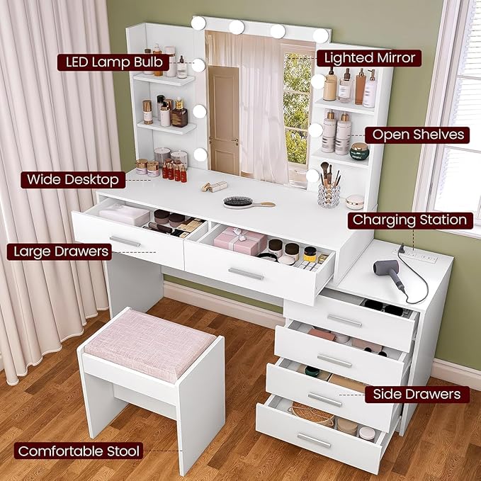 Vanity Desk with Mirror & Lights, Makeup Vanity with 6 Drawers, 6 Open Shelves and Power Outlet, 48” Storage Makeup Vanity Desk with Stool Bench for Women, Girls, Bedroom, White