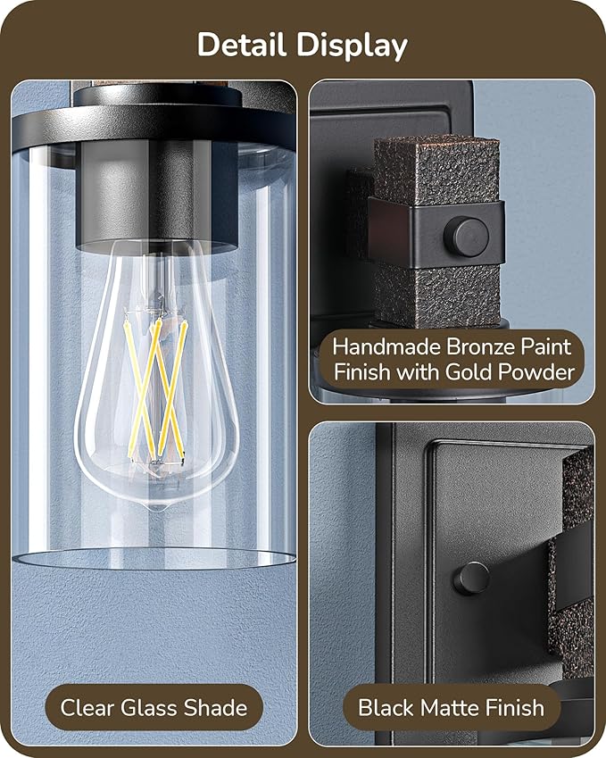 EDISHINE Wall Sconces Set of 2, Vintage Vanity Light Fixtures with Clear Glass Shade & Bronze Finish, 1-Light Wall Mount Lamp for Bathroom, Hallway, Living Room, Mirror, Kitchen