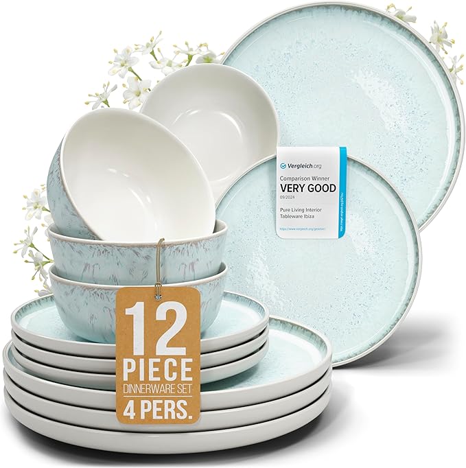 12 Piece Dinnerware Sets for 4 - Modern Style Stoneware Dinnerware Set - Scratch Resistant, Dishwasher, Microwave Safe Plates and Bowls Sets Ceramic, Bowl and Plate Set - Beige and Light Blue…