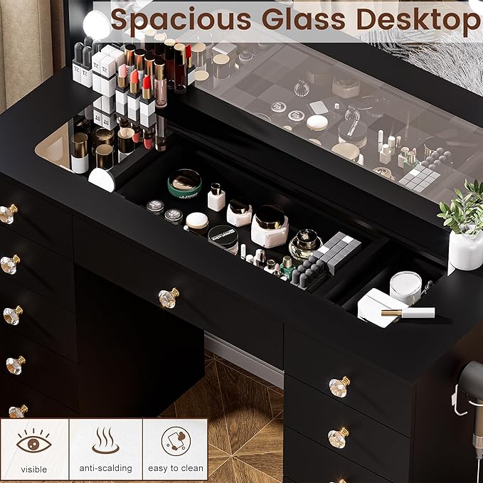 43.3" Vanity with Large Mirror and 10 LED Lights, Vanity Desk with Glasstop, 11 Drawers with Crystal Handles, Dressing Table with Power Outlet as Gift for Women, Girls (Black)