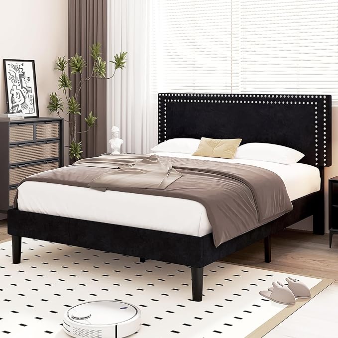 VECELO Queen Size Bed Frame with Adjustable Upholstered Headboard, Wooden Slats Platform, Noise-Free Design, No Box Spring Needed, Easy Assembly