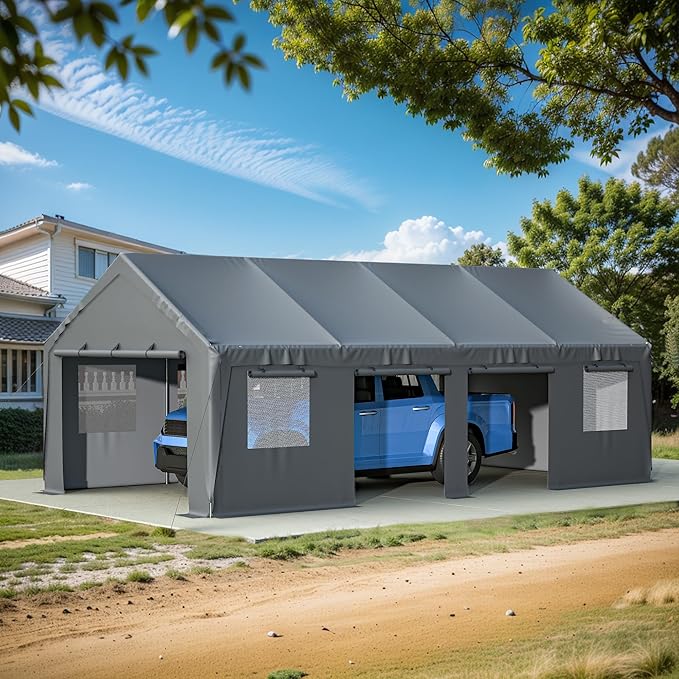 Carport 25x13ft Heavy Duty Canopy Storage Shed,Extra Large Portable Outdoor Garage with 4 Roll-up Doors & 4 Windows and All-Season Tarp Cover UV Resistant Waterproof for Car,Truck,Boat