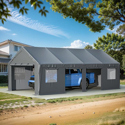 Carport 25x13ft Heavy Duty Canopy Storage Shed,Extra Large Portable Outdoor Garage with 4 Roll-up Doors & 4 Windows and All-Season Tarp Cover UV Resistant Waterproof for Car,Truck,Boat
