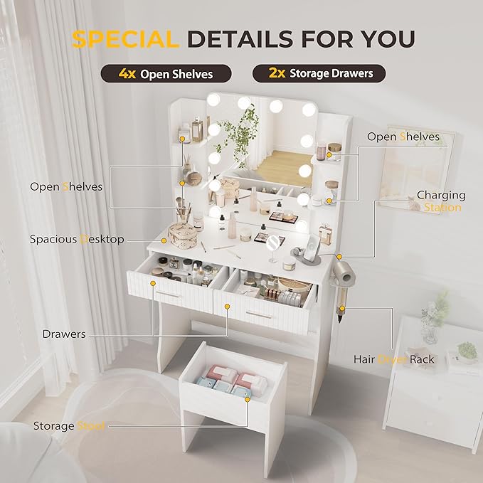 Vanity Desk with LED Lighted Mirror, Makeup Vanity with 3 Adjustable Lights, 2 Large Drawers and 4 Open Shelves, White Vanity with Storage Stool for Bedroom