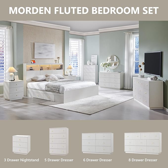 Fluted Dresser for Bedroom, White 5 Drawer Dressers, Wood Tall Dresser Storage Organizer, Chest of Drawers with Deep Storage, Modern Bedroom Chest for Closet Hallway, Entryway, Living Room