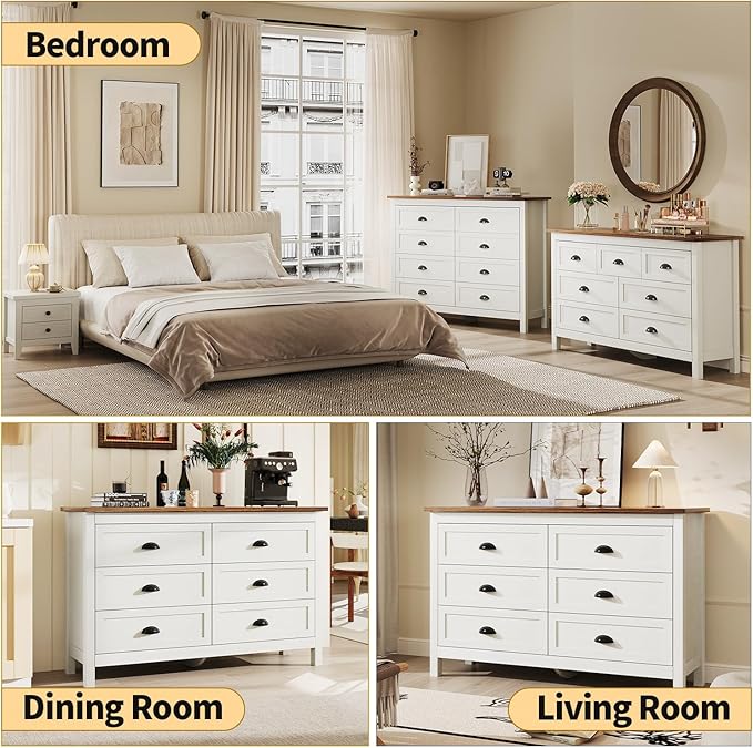 White Dresser for Bedroom, Farmhouse 6 Drawers Dresser, Wide Chest of Drawers with Metal Handles, Modern Wood Double Chest Storage Cabinet for Living Room, Bedroom, Hallway