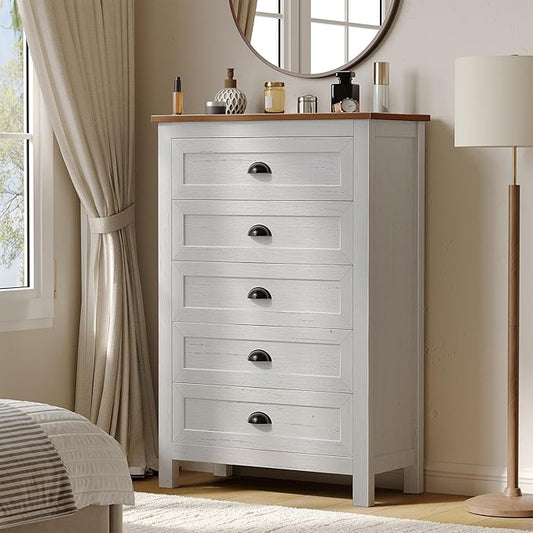 5 Drawer Dresser, Farmhouse Tall Dresser for Bedroom, Antique White Chest of Drawers, Modern Dressers for Bedroom, Closet