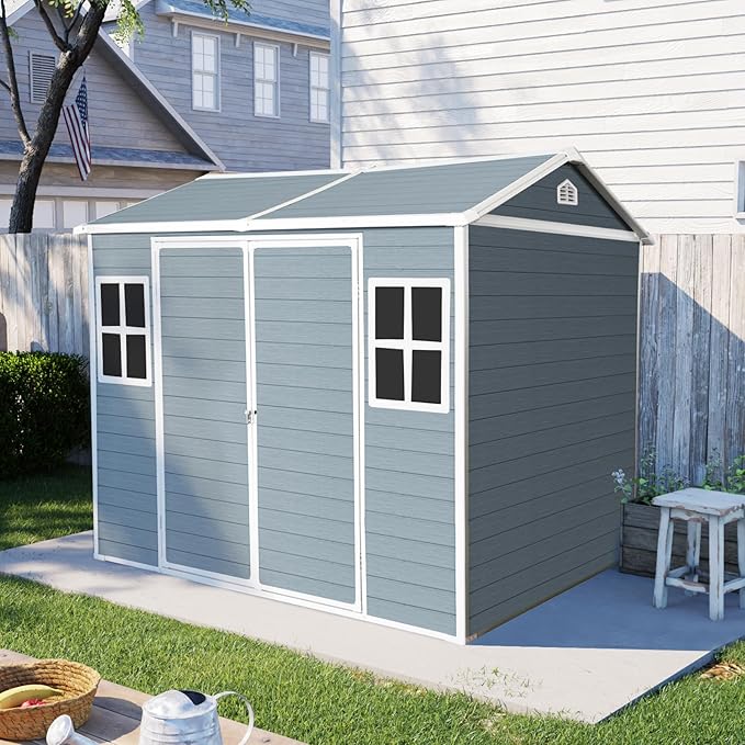 8' x 6' Resin Storage Shed Outdoor, PP Material & Strong Structure for All Weather, Plastic Garden Shed w/Window for Garden, Backyard, Poolside and Lawn, 15mm Thick PP Board - Blue