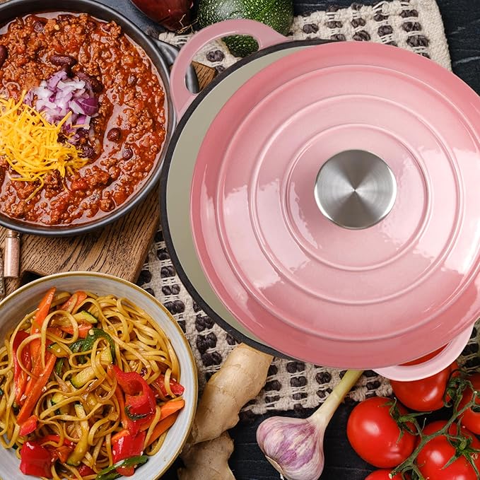 3 Quart Dutch Oven Enameled Cast Iron with Lid - Big Dual Handles - Oven Safe up to 500°F - Classic Round Pot for Versatile Cooking Pink