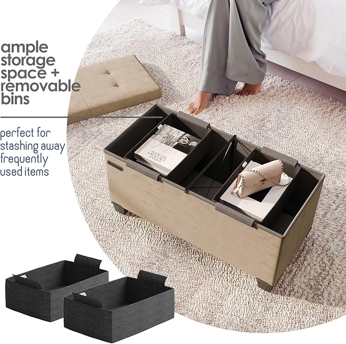 STORAGEBUD Storage Ottoman Bench with Bins, 30-in Storage Bench for Bedroom End of Bed, Folding Foot Rest Ottoman for Living Room Max 660lbs, Velvet Ottomans, Taupe