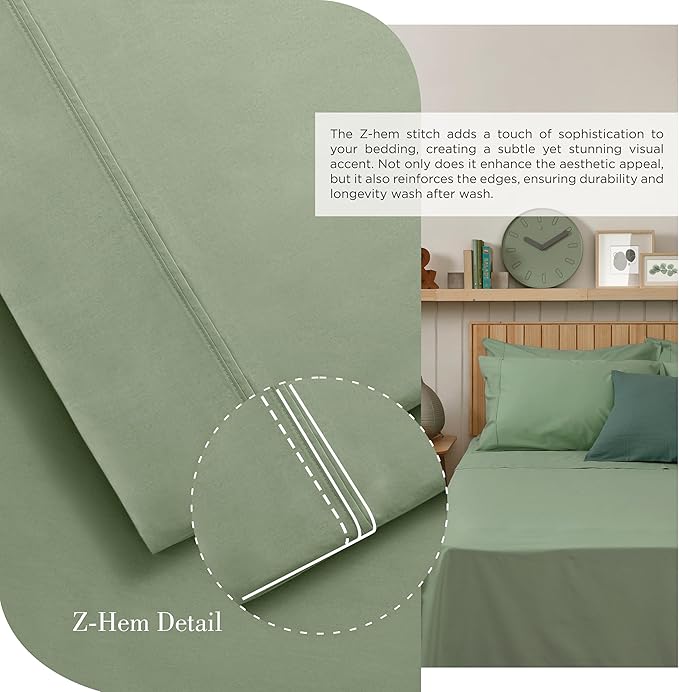 Linen Home 100% Cotton Percale Sheets Queen Size, Oil Green, Deep Pocket, 4 Pieces Set - 1 Flat, 1 Deep Pocket Fitted Sheet and 2 Pillowcases, Crisp Cool and Strong Bed Linen