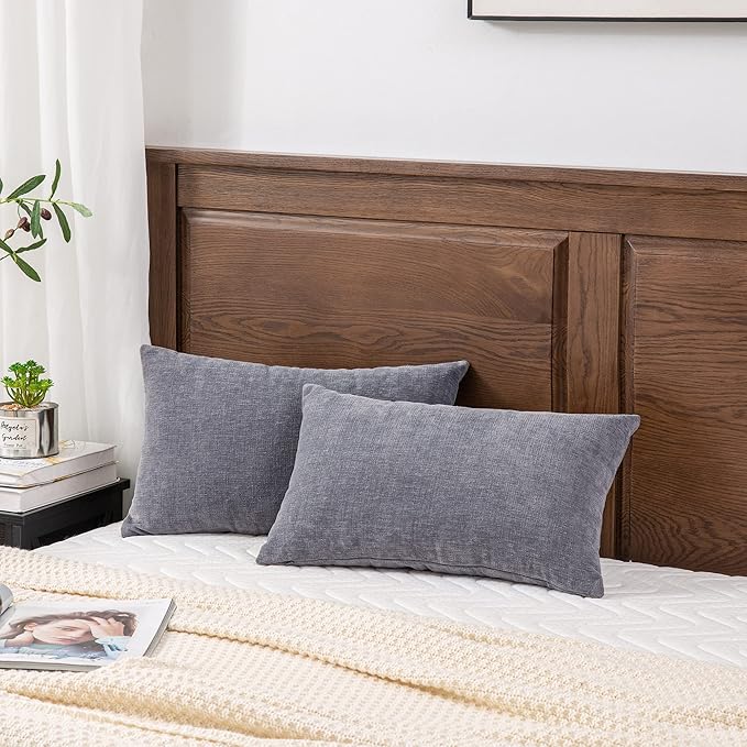 GAWAMAY Lumbar Support Pillow Decorative Rectangle Throw Pillow Covers 12"x20" Inch Set of 2, Soft Chenille Fall Pillowcase for Living Room Bedroom Sofa Couch Cushion Cover Grey 30x50cm (No Insert)