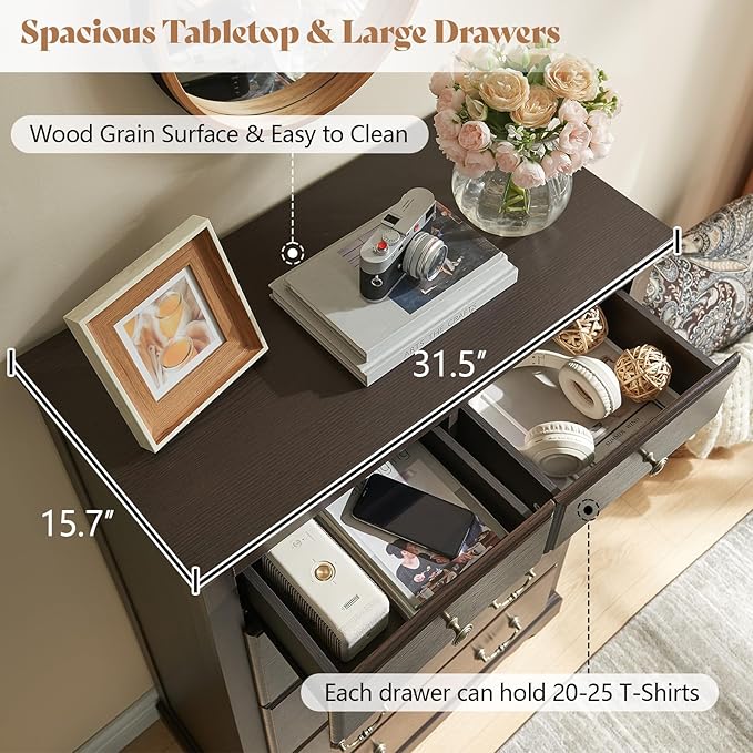 AMERLIFE Farmhouse 6 Drawers Dresser for Bedroom, Wood Antique Chest of Drawers with Metal Handle, Tall Dresser Organizer for Hallway, Entryway, Espresso