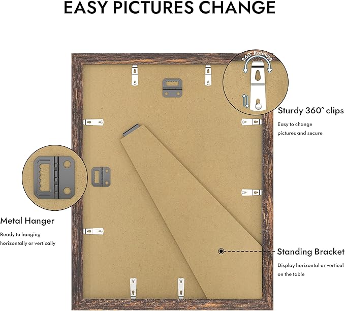 11x14 Picture Frame with Real Glass - 8x10 Wooden Frame with Mat, Horizontal and Vertical Display for Wall or Tabletop (Rustic Brown, 1 Pack)