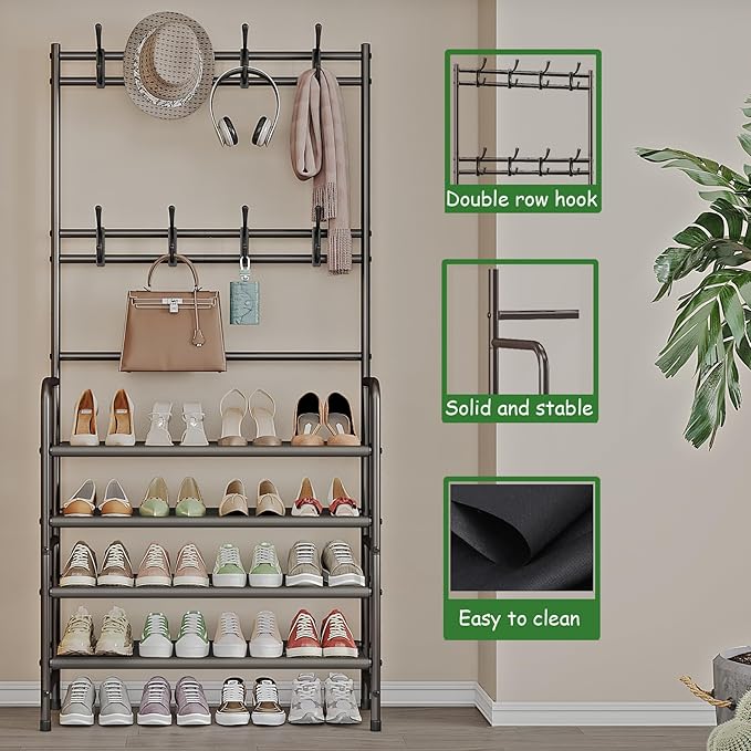 4 Tier Coat and Shoe Rack Entryway Coat Rack with 8 Hooks Shoes Organizer for Living Room Bedroom Office Brown