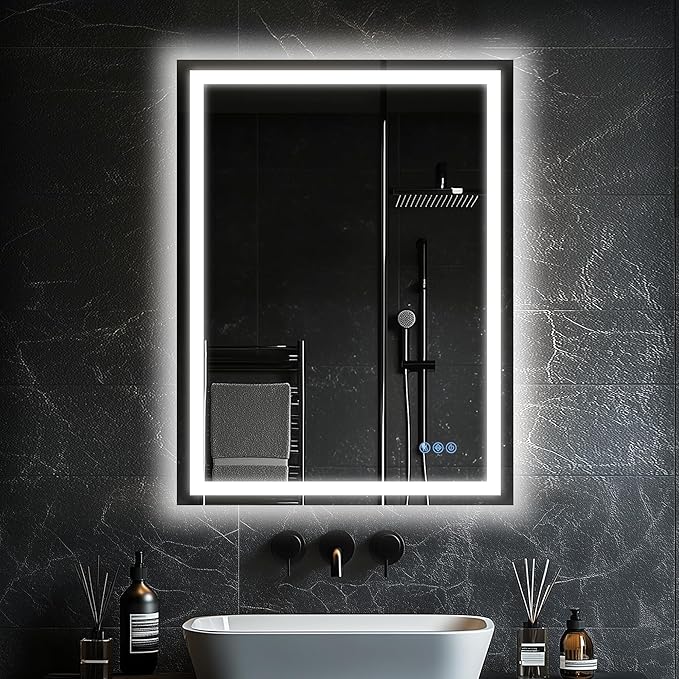 Antok 24"x 36" LED Bathroom Mirror with Lights, Anti-Fog, Dimmable, Lighted Vanity Mirror with Tempered Glass, Memory Function, 3 Light Modes, Safe Use, Horizontal, Vertical