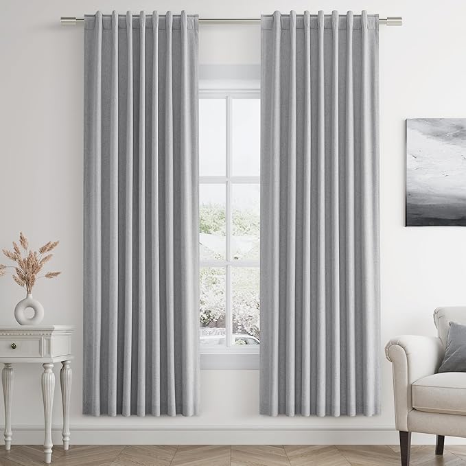 Guken Grey Linen Blackout Curtains 72 Inch Length 2 Panels Set for Living Room Bedroom Back Tab Thermal Insulated 100% Black Out Linen Drapes Room Darkening Window Curtains 72 Inches Long