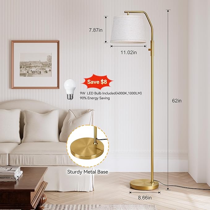 SUNMORY Floor Lamps for Living Room, 9W Bulb Included, Lamp for Bedroom with Adjust Head, Standing Lamp with Rotary Switch, 0-100% Dimmable Floor Lamp for Living Room Bedroom Office Nursery, Gold.