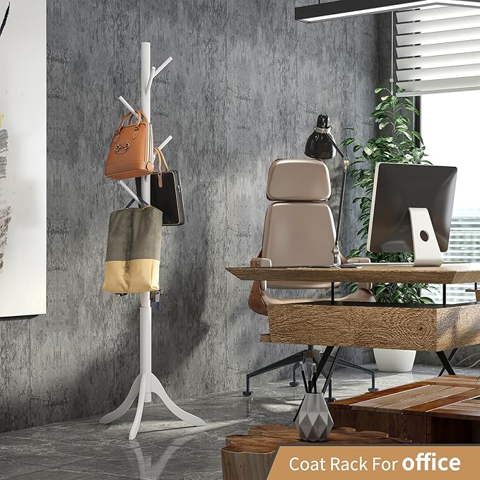 Coat Rack Freestanding, Coat Stands Entryway, Bamboo Coat Rack Hat Hanger 8 Hook for Jacket, Purse, Scarf Rack, Umbrella Tree Stand (White)