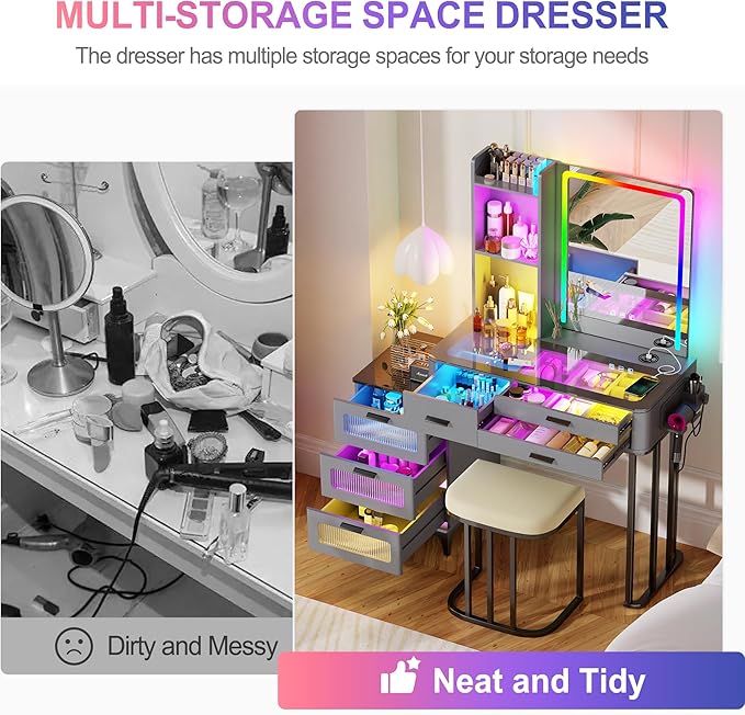 HNEBC Vanitys with HD Glass Display Table, Makeup Desk with Lighted Mirror and Charging Station, Dressing Table with RGB Lights,Jewelry Organizer,Cabinet,6Drawers,Chair for Women/Girls (Grey)