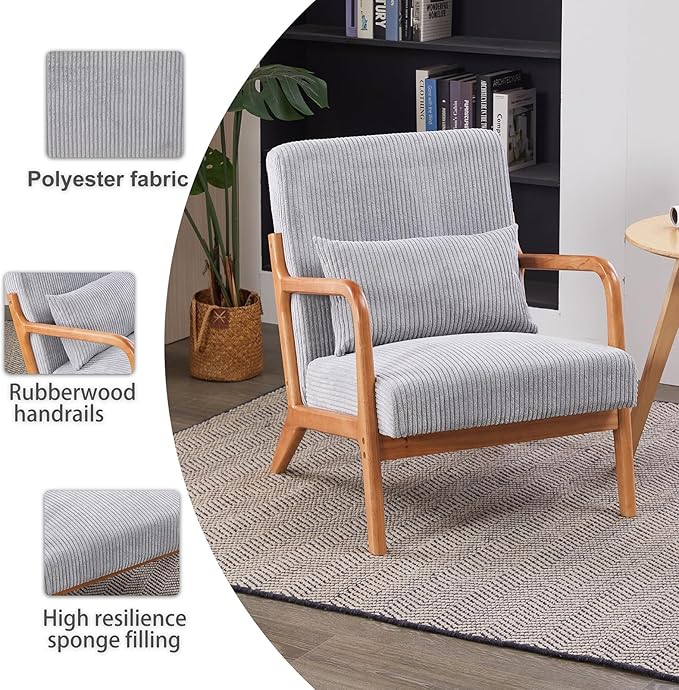 IKIFLY Mid Century Modern Accent Chair with Pillow, Upholstered Lounge Armchair with Solid Wood Frame, Reading Chair with Lumbar Cushion for Living Room, Office, Reading Room, Bedroom - Light Grey