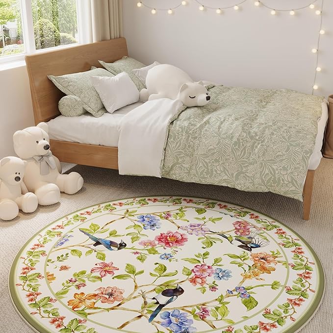 Round Rug 4ft Washable Circle Rug Non Slip Low Pile Floral Bird Magpies Animal Small Circular Rug for Bedroom, Bathroom, Entryway, Kids Room, Office, College Dorm (White)