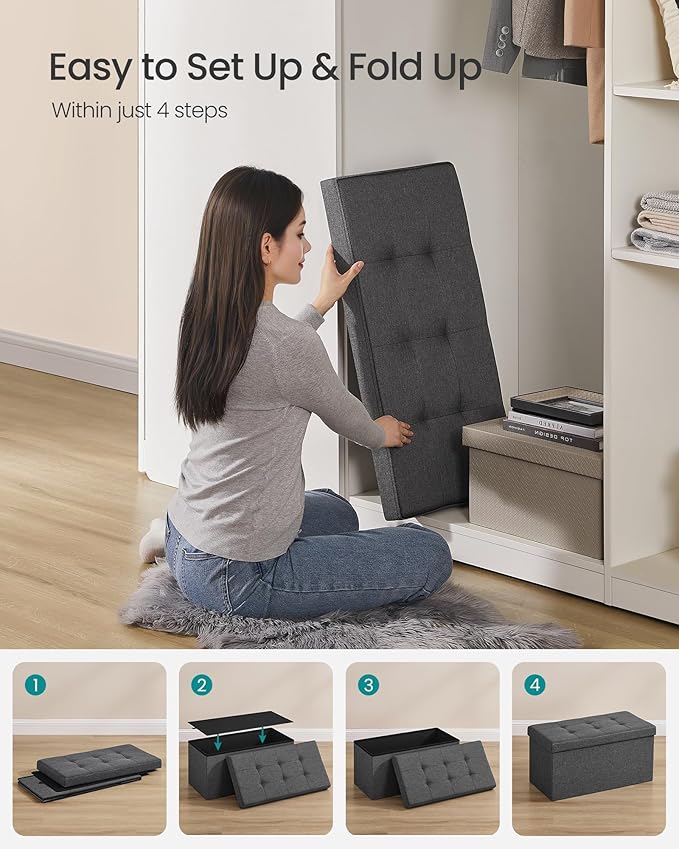 SONGMICS MAZIE Collection - 30 Inches Folding Storage Ottoman Bench, Ottoman Foot Rest, End of Bed Bench, Storage Chest, Load 660 lb, for Living Room, Bedroom, Entryway, Dark Gray ULSF47K