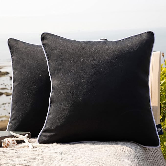 Phantoscope Pack of 2 Outdoor Waterproof Solid Throw Decorative Pillow Cover Decorative Square Outdoor Pillows Cushion Case Patio Pillows for Couch Tent Sunbrella (18''x18'', Black)