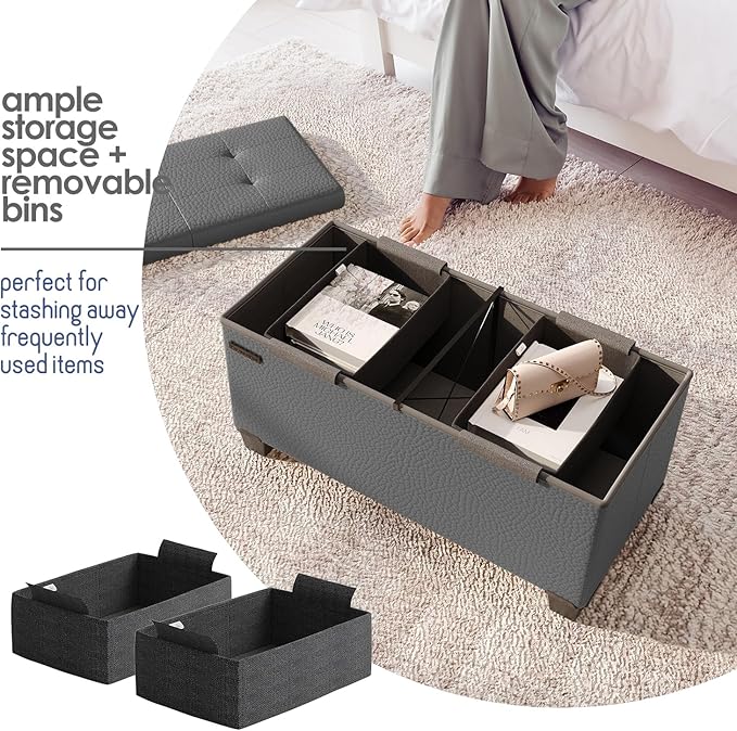 STORAGEBUD Storage Ottoman Bench with Bins, 30-in Storage Bench for Bedroom End of Bed, Folding Foot Rest Ottoman for Living Room Max 660lbs, Faux Leather Ottomans, Grey