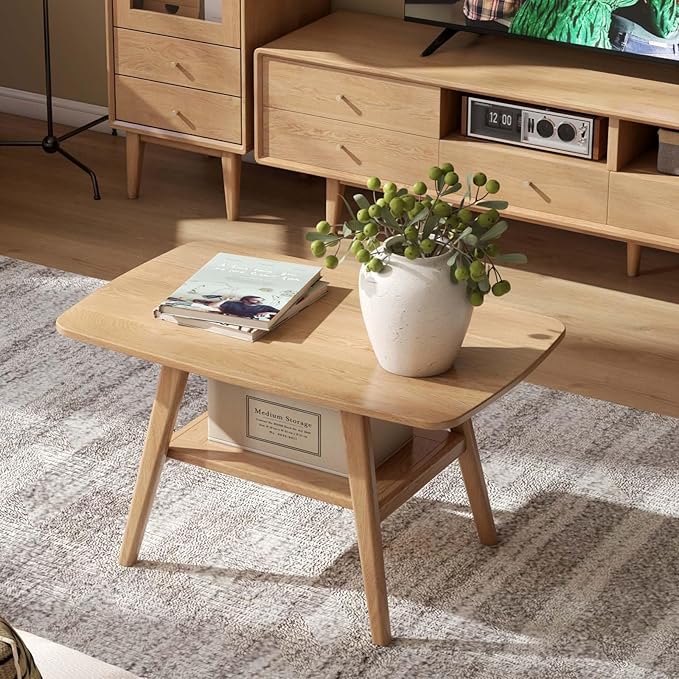100% Solid Oak Wood Coffee Table for Living Room, Small Table with Shelf Storage, Mid Century Modern Coffee Tables with Rounded Corners for Home (Natural, 31.49“ x 22.05” x 17.32“)