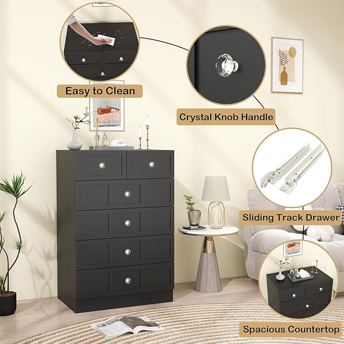 6 Drawer Dresser for Bedroom: 24" Fluted Black Dresser Deep Drawers, Modern Chest of Drawers for Bedroom, Fluted Wood Dressers for Living Room, Hallway