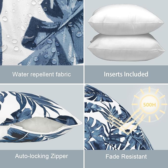LVTXIII Set of 2 Patio Throw Pillows Waterproof 16"x16" Fade Resistant Outdoor Throw Pillows with Inserts, Fluffy Decorative Garden Toss Pillow Cushions for Home Patio Coach Sofa Use, Palms Blue