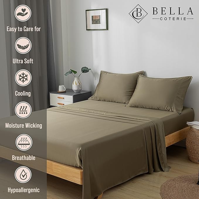 Bella Coterie Luxury Bamboo Viscose King Size Sheet Set | 100% Organically Grown | Ultra Soft | Cooling for Hot Sleepers | 18" Deep Pocket [Olive]