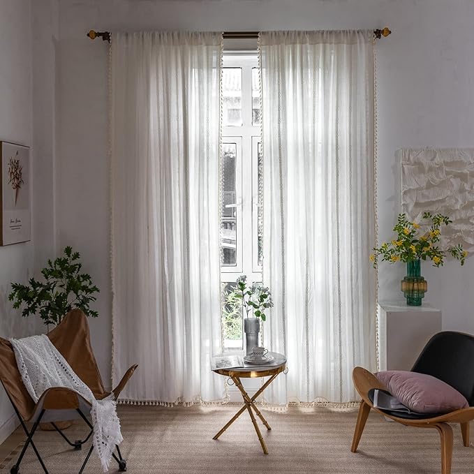 Boho Curtains Embroidery Linen Curtains 96 Inches Long 2 Pannels for Bedroom Off White Country Farmhouse Curtains Light Filtering Curtains for Living Room Rod Pocket Drapes(52" W x 96" L,White)