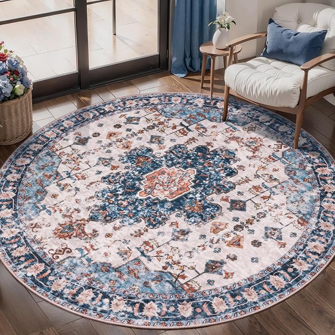 Tangsoo Vintage Round Rug 6ft, Washable Circle Rug, Non Slip Boho Round Area Rug,Low Pile Circular Rugs,Large Round Rugs Carpet for Livingroom,Bedroom,Nursery,Dorm,Office,Blue/Orange